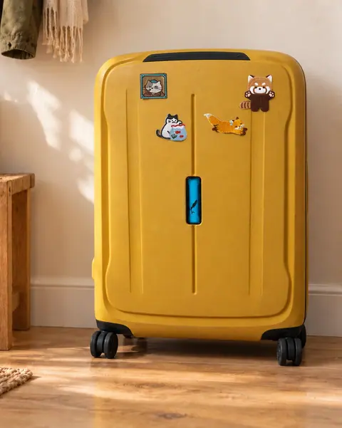 A yellow suitcase decorated with five embroidered animal patches