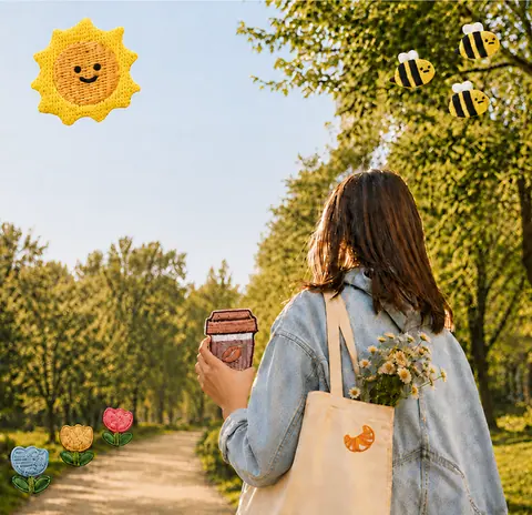 A person walking down a sunny tree-lined path with a tote bag carrying a croissant patch, with sun, bee and flower patches around them